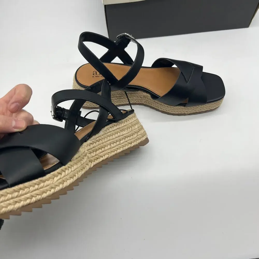 a.n.a Womens Eloise Wedge Sandals Black Casual Shoes Size 8.5M